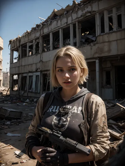 (Highest quality:1.3), cinematic shot, masterpiece, (sharp focus:1.5), (photorealistic:1.3), medium portrait of a Russian girl 26 years old, Blonde Dirty Short Hair, dusty face, Dressed in the armor of the future, Against the backdrop of a desolate post-ap...