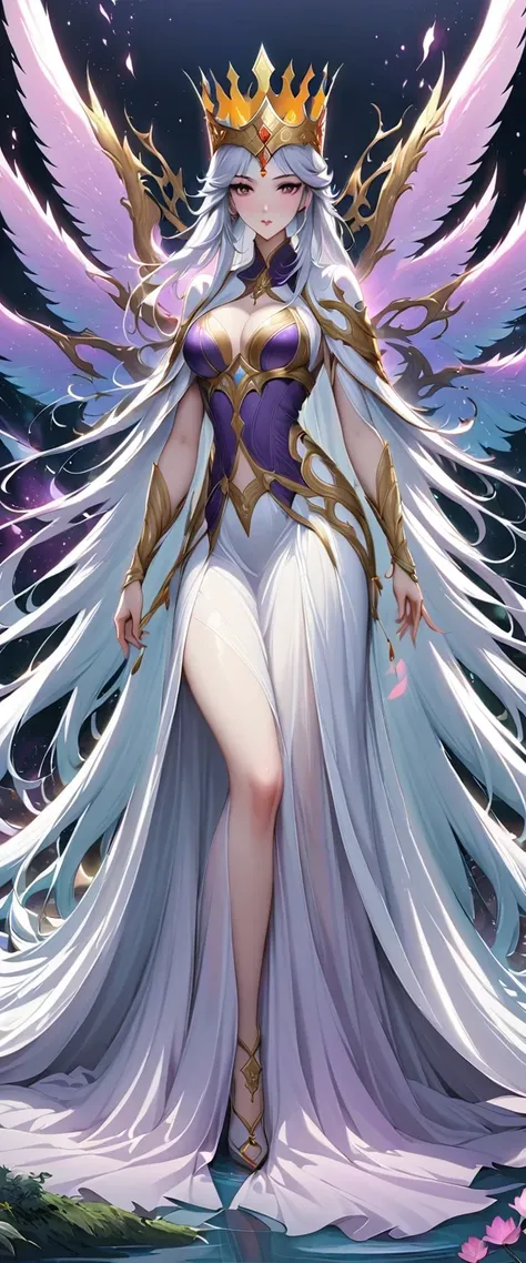 Wearing a purple dress、Alaafad woman wearing a golden crown, Beautiful fantasy queen, ((Beautiful fantasy queen)), full body xianxia, Flowing Magic Robe, Beautiful Celestial Mage, Dreamy exquisite long skirt, inspired by trees, Inspired by Lan Ying, ethere...