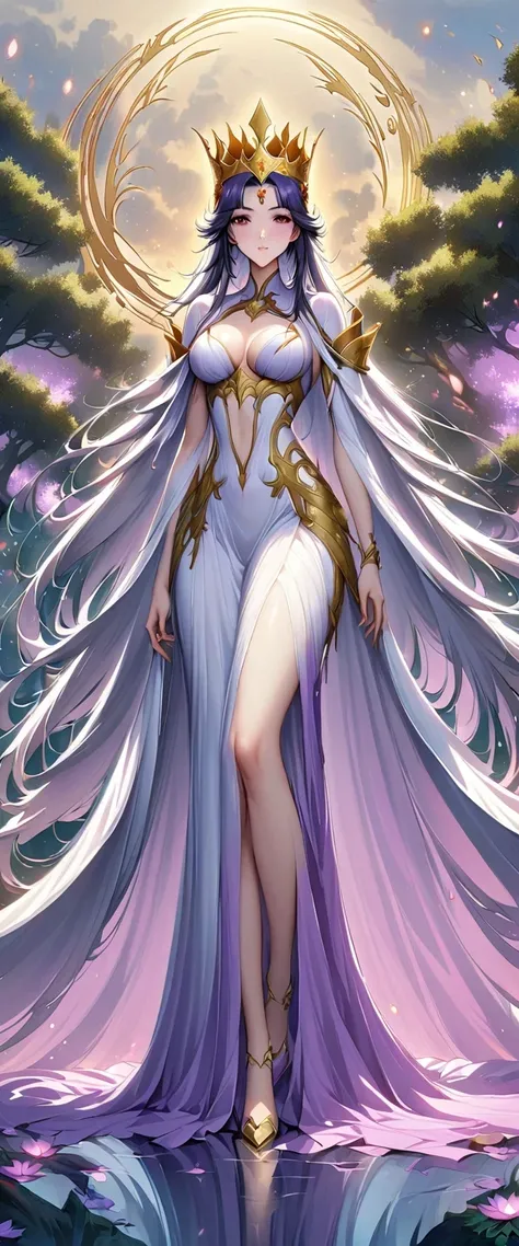 Wearing a purple dress、Alaafad woman wearing a golden crown, Beautiful fantasy queen, ((Beautiful fantasy queen)), full body xianxia, Flowing Magic Robe, Beautiful Celestial Mage, Dreamy exquisite long skirt, inspired by trees, Inspired by Lan Ying, ethere...