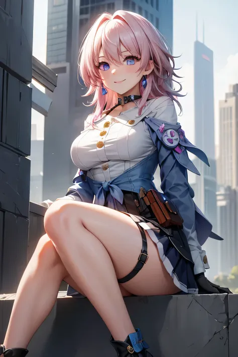 (masterpiece), best quality, expressive eyes, perfect face, 1 girl, solo, march seventh, blue eyes, hair between eyes, medium hair, pink eyes, pink hair, two-tone eyes, breasts, big breasts, large breasts, ankle boots, archery shooting glove, badge, legs, ...