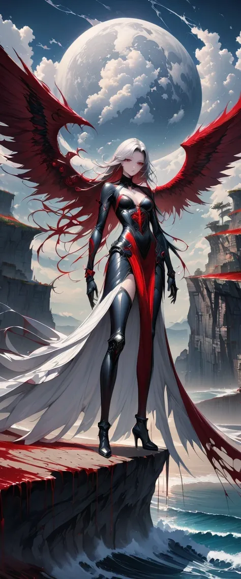 black、White、Blue and Red,(best quality, Super detailed, high resolution, Extremely detailed CG),Wide-angle lens,Dead angel standing on the edge of a cliff,She is beautiful,She likes blood and the ocean,Blood Rain, mystery,Fanatic, Wheels within wheels, Sur...