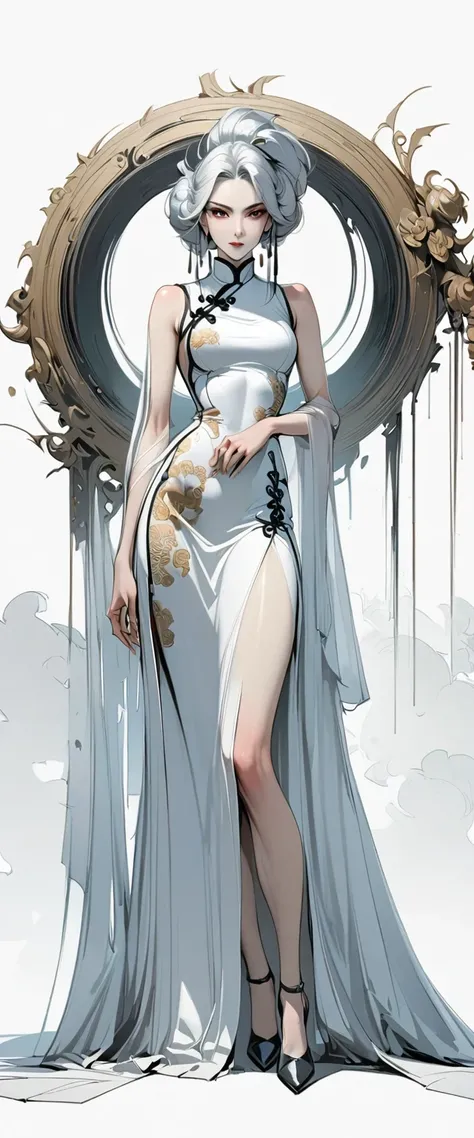 （Huang Li，high resolution，Super detailed，Unique），1 girl，Pure white background，Full body standing，elder sister，period，Elegant and sophisticated，On cheongsam，sleeveless，fair，Attractive