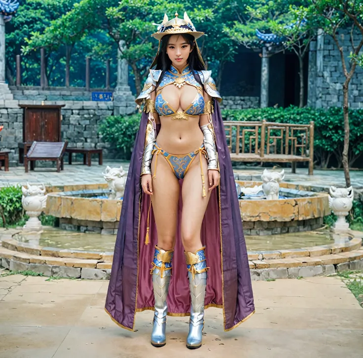 She looks like a very slutty girl,full body xianxia, slutty slutty princess, Sexy blue bikini armor，Long-legged girl，Put on your boots，Blue boots，Huge breasts，Put on your hat，fantasy服装, Put on a priest&#39;s cloak, pink cloak, lace cape，穿着fantasy服装, Standi...