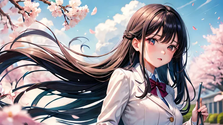 Girl in Love　White dress　high school student　uniform　blazer　Black Hair　long silky hair　High quality and high definition facial expressions　High quality and high definition hair　cherry blossoms