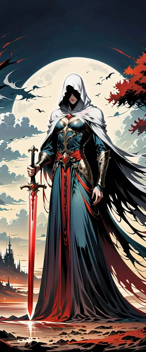 a man in a cloak holding a sword in a dark black and red forest, hold sword in the forest, glowing sword (red),dark fantasy styl...