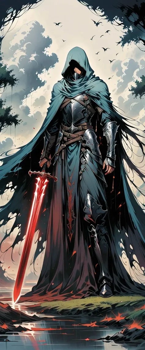 a man in a cloak holding a sword in a dark black and Red forest, hold sword in the forest, Glowing sword (Red),dark fantasy style art, Dark Fantasy Artwork, 8K Fantasy Art, dark fantasy style, fantasy art 4k, Epic fantasy art style HD, Dark Fantasy Art, Da...