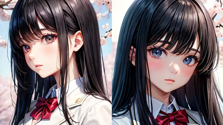 Girl in Love　White dress　high school student　uniform　blazer　Black Hair　Long Hair　High quality, high definition and detailed facial expressions　High quality, high definition and detailed hair　cherry blossoms