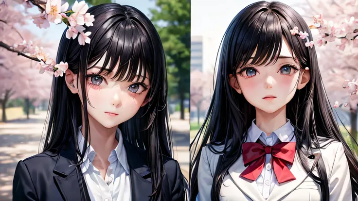 Girl in Love　White dress　high school student　uniform　blazer　Black Hair　Long Hair　High quality, high definition and detailed facial expressions　High quality, high definition and detailed hair　cherry blossoms