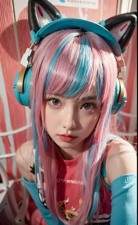 a close up of a person with headphones on wearing a cat costume, anime girl in real life, belle delphine, hyper realistic anime, realistic anime, realistic young anime girl, photorealistic anime, pink twintail hair and cyan eyes, perfect android girl, real...