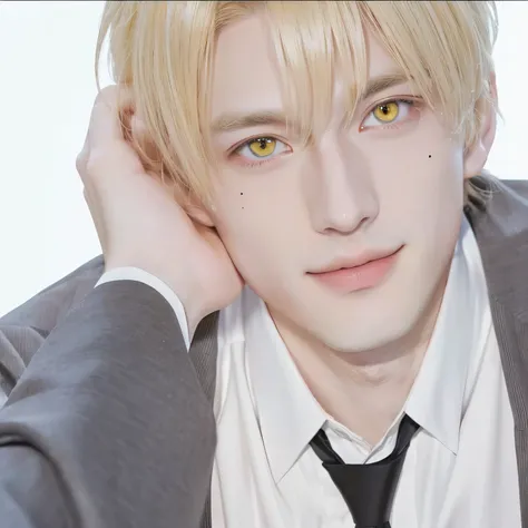 anime image of a man with yellow eyes and a suit, tall anime guy with blonde boy with yellow eyes, handsome anime pose, male anime character, his eyes glowing yellow, smileing nright, anime handsome man, with glowing yellow eyes, his smile threw shadows, k...