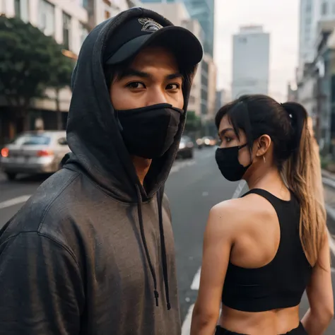 please create this picture (8K, RAW Photos, Highest Quality, Intricate Details), Candid photo of a 30 year old indonesian man, kinda fat muscle, nature skin, very short hair, wearing a hoodie and cap and black mask, and a girl 25 years old with ponytail ha...