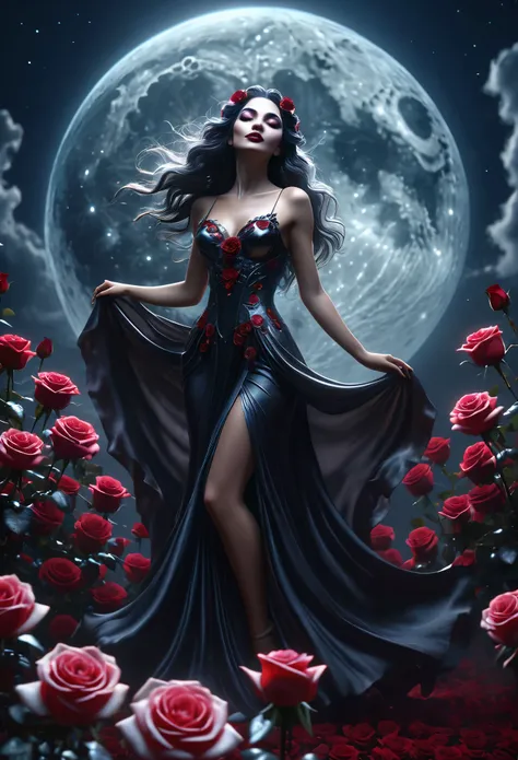 best quality, masterpiece, surreal dark fantasy style, a goddess of vampires dancing in the moonlight on a beautiful rose, dream...