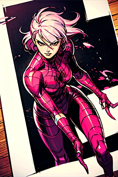 make a picture of a 2D HQ style pink haired girl dressed as Spider Woman