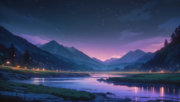 Mountain landscape, dark night, dark violet sky, midnight, stars, beautiful types, black and dark blue colors, mountain river, calm atmosphere, classic lanscape style, anime aestetic ghibly artstyle, Ghibli-like colours, wide shot, 8k, 4K, highres, best qu...