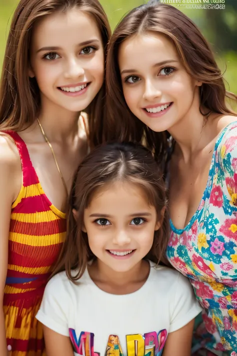 a mother and her teeny daughters, brown hair on a magazine cover, vibrant colors, high-resolution, realistic portrayal, fashion-...