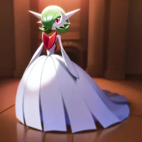 Masterpiece, best quality, 1 girl, solo, gardevoir Male Gardevoir, green hair, mega pokemon, white dress, Gardevoirite Mega Evolution Stone necklace, smile, mouths closed, white gloves, standing