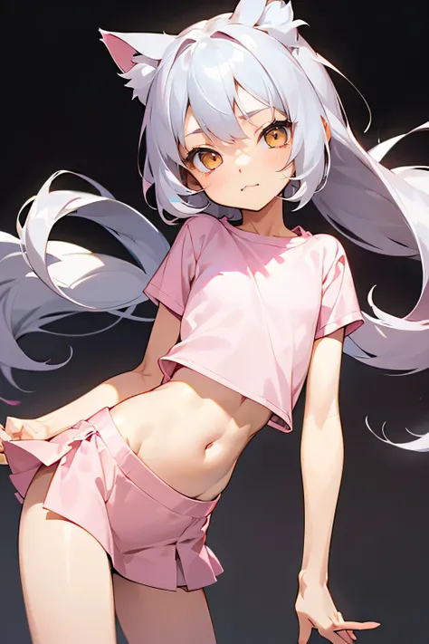 1girl, silver hair, golden eyes with pupils, ((skinny)), ((petite)), short, small, ((neko)), (cropped solid pastel pink tshirt), long hair, short skirt, (((kid))), cat ears, happy, blush, flat chest, midriff, at school, hand on tummy, belly rub