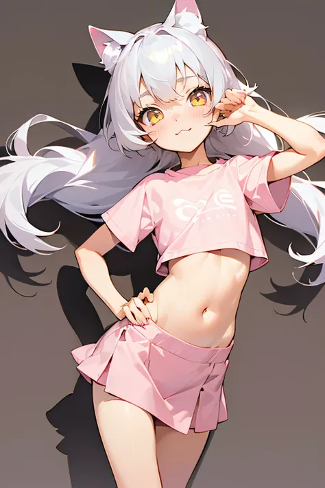 1girl, silver hair, golden eyes with pupils, ((skinny)), ((petite)), short, small, ((neko)), (cropped solid pastel pink tshirt), long hair, short skirt, (((kid))), cat ears, happy, blush, flat chest, midriff, at school, hand on tummy, belly rub