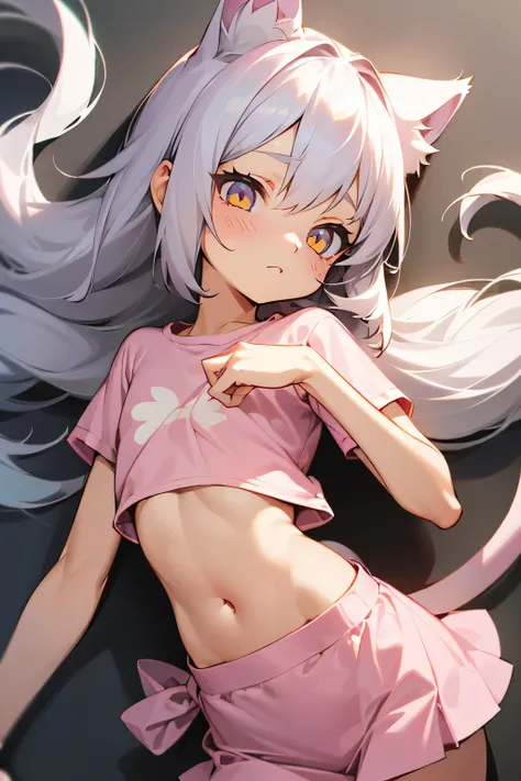 1girl, silver hair, golden eyes with pupils, ((skinny)), ((petite)), short, small, ((neko)), (cropped solid pastel pink tshirt), long hair, short skirt, (((kid))), cat ears, happy, blush, flat chest, midriff, at school, hand on tummy, belly rub