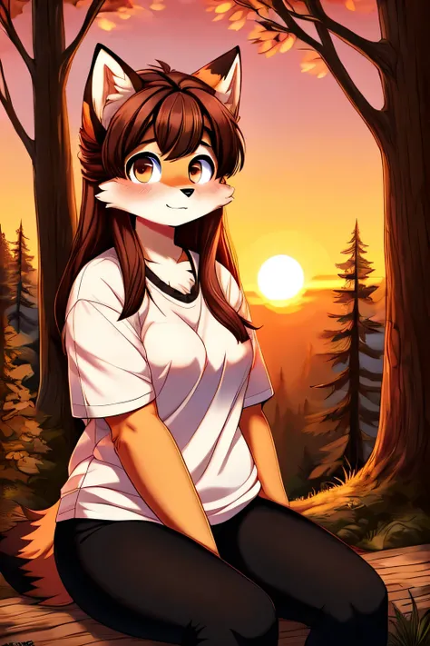 fox girl, furry female, shy, solo, chubby, brown hair, brown eyes, blushed, cute, white t-shirt, black leggings, black sweater, sitting, forest, sunset, wallpaper