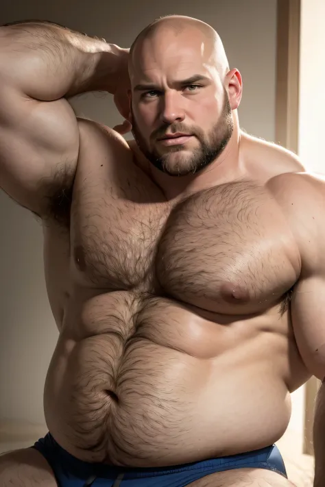 (8k. hyper- realistic. high definition) Bald daddy. very handsome. Caucasian. Muscular. Very obese, Very hairy body. Very hairy chest. flexing