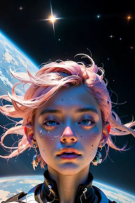 (masterpiece:1.2), (closeup:1.8), best quality, the girl with the pretty face floats in space, portrait of a pink-haired young w...