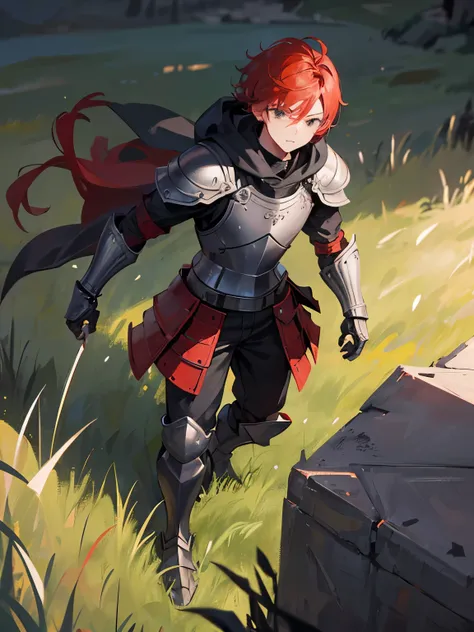 1boy, red  hair, ((black eyes)), ((detailed face)), full body, ((intense gray adventurer armor)), medieval, (grassland background), masterrpiece, pants, (serius face), hood
