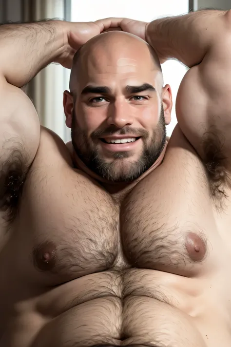 (8k. hyper- realistic. high definition) Bald daddy. very handsome. Caucasian. Muscular. Very obese, Very hairy body. Very hairy chest. big gray eyes. Very thick eyebrows. very hairy armpits. smiling.