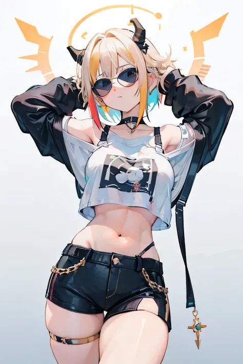 Generate image with this prompt: (20 years old girl), (round sunglasses), memcho, short hair, blonde hair, multicolored gradient hair, horns, bangs, blunt bangs, two-tone hair, (aqua eyes), off shoulder, sleeves past wrists. Picture should be in oshi no ko...