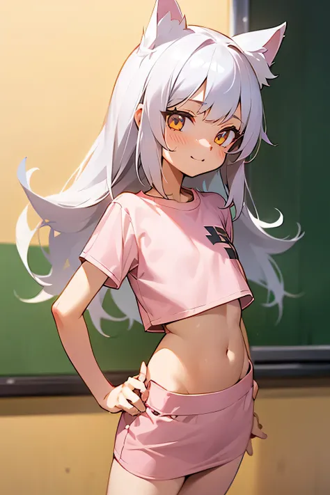 1girl, silver hair, golden eyes with pupils, ((skinny)), ((petite)), short, small, ((neko)), (cropped solid pastel pink tshirt), long hair, short skirt, (((kid))), cat ears, happy, blush, flat chest, midriff, at school, tummy