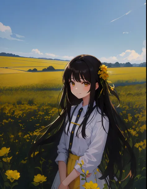 Anime-style, illustration, black long hair, best quality, young girl, pretty face, brown eyes, white skirt, on the yellow field, smiles easily, looks at the viewer, pink manicure, holding a flower, portrait, long hair cute girl, high contrast, woman in fie...