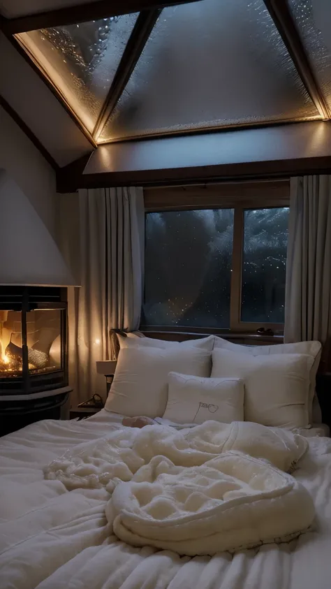 Night time, dark but warm and cozy, there is a bed with a creamish white comforter and a fat fluffy norwegian forest cat sleep in cozily on the bed and neatly folded blankets and a roaring fireplace casting shadows on the walls, dramatic, hollywood style, ...