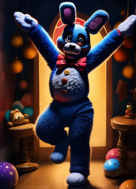 (best quality, highres:1.2), realistic, detailed illustration, toy bonnie from five nights at freddy's, playful and vibrant colo...