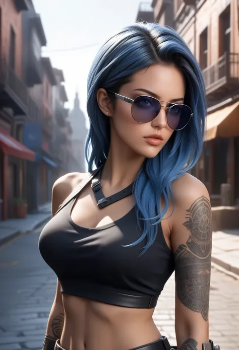 a hyper realistic ultra detailed photograph of a futuristic beautiful barbarian woman wearing sunglasses at a dystopian city, in...