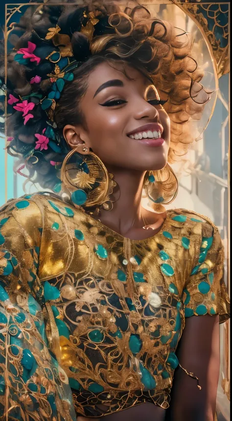 Black girl. gold curly hair, smiling beautiful girl, tulle transparent shirt, cleavage, big chest, against a bright background, interesting pose, bright modern clothes, creative haircut, multicolor with gold and silver, ultra detail, neon light, ultra dyna...