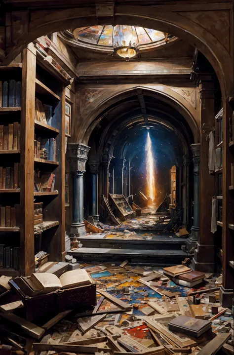 "an imagination machine bursting with colours, inside a wizards room, books are on shelves, machine parts litter the floor, in the style of an old painting"