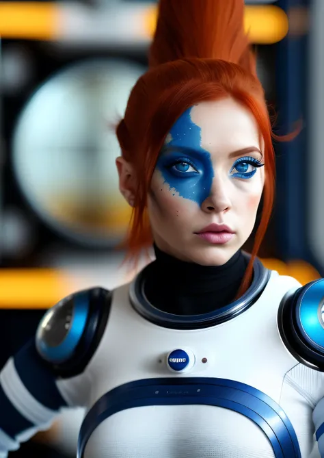 foto de una mujer pelirroja, en el espacio, traje espacial futurista, (pecas:0.8) cara linda, Science fiction, dystopian, ojos detallados, blue eyes