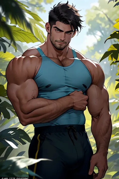 A muscular and elegant young man stands before you, his toned body a testament to hours spent in the gym. His chiseled features are accentuated by the sunlight filtering through the leaves of the tree behind him, casting dappled shadows across his defined ...