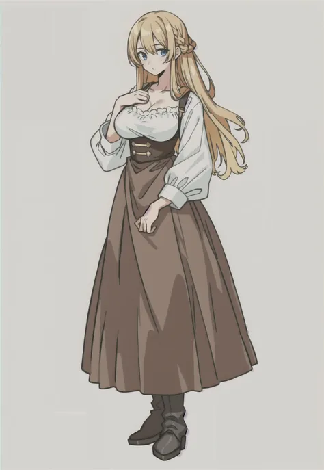 White background、Anime girl with long hair and a brown dress with a white shirt, female Anime characters, Wearing long, loose clothing, Final Fantasy Tactics characters, Anime characters, Official character art, Long Hair Anime Girl, Beautiful woman with l...