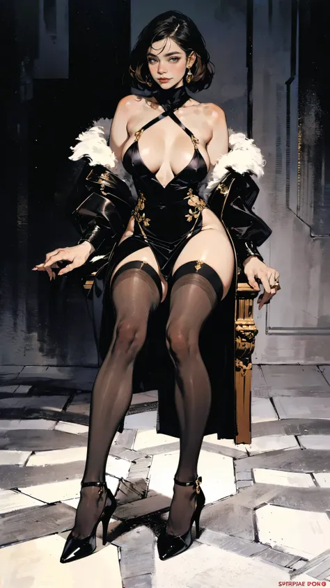 NSFW, best quality (4K, high resolution, masterpiece:1.2), ultra-detailed, realistic (photo-realistic:1.37), Lady Isolde, the young widow and aristocrat, portrait, ((dressed in a black turtleneck short dress, black stockings, and black high heels)), ((Perf...