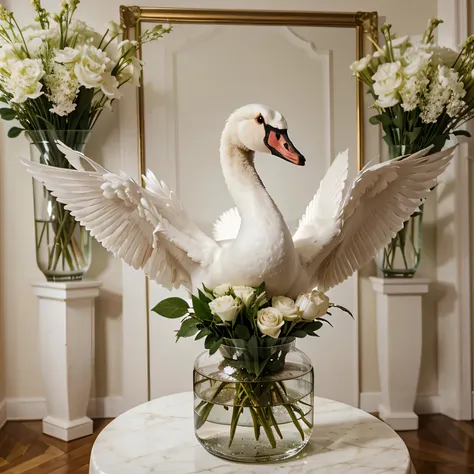 A swan coming out the top of an open vase