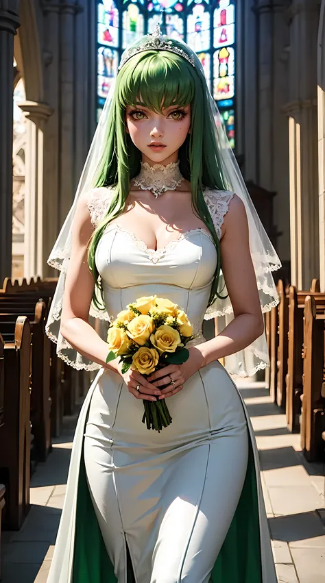 Beautiful green hair girl is shown to have a slender figure. She is wearing a  beautiful  detailed wedding dress , jewelry, holding a bouquet of flowers, she has yellow eyes, Girl standing in a church aisle, sexy session, front facing viewer, cowboy shot, ...