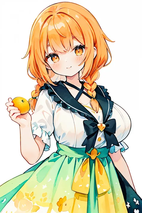 (top-quality、8K、32K、​masterpiece、nffsw:1.2)、((Photo of orange-eyed woman with bright orange hair with cute smile：1.3))、((Single braid：2))、(PastelColors:1.3)、(Cute illustration:1.3)、(watercolor paiting:1.1)、yellow theme、Lemon Fairy：1.3(ruffle dress、big ribb...