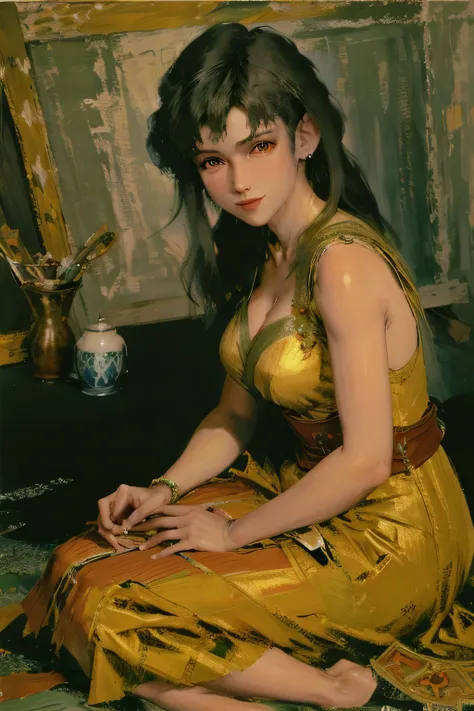 XV century painting, mulher 35 anos, japonesa, com vestido vermelho-dourado-verde