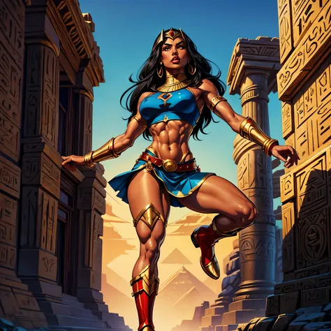 masters of the universe. detailed style. athletic Egyptian woman with thick black straight hair. She wears a top, blue skirt,  bare midriff with gold trim, gold belt with a round red jewel, gold bracers, red boots. Dynamic pose. Dark skin. 