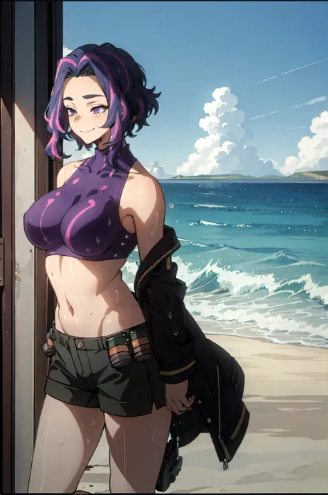 1girl, short hair, purple hair, multicolored hair, purple eyes, outdoors, ocean scenery, beach, mini shorts, low waist shorts, panty line showing, purple bikini top, bare shoulders, slim stomach, cleavage, wet, flirty smile, blushing
(big tits) 