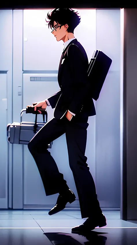 A 19 years old guy with round glasses, short hair, messy hair, hair between eyes, black hair, walking, looking ahead, side view, perfil view, grey suit, briefcase in left hand, masterpiece, 1990s style