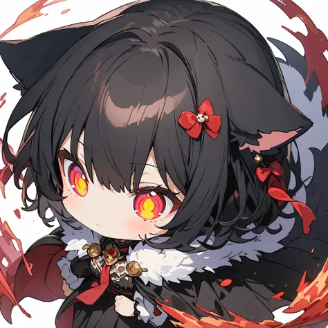 masterpiece, highest quality, Very detailed, figure, One girl, Long black hair, eyes bright red, Wolf Ears, Black Cape, Fluffy collar, morning、(Chibi Character:1.6)、(highest quality、masterpiece、High resolution、detailed)、anime style、Flat Style、(Shining Eyes...