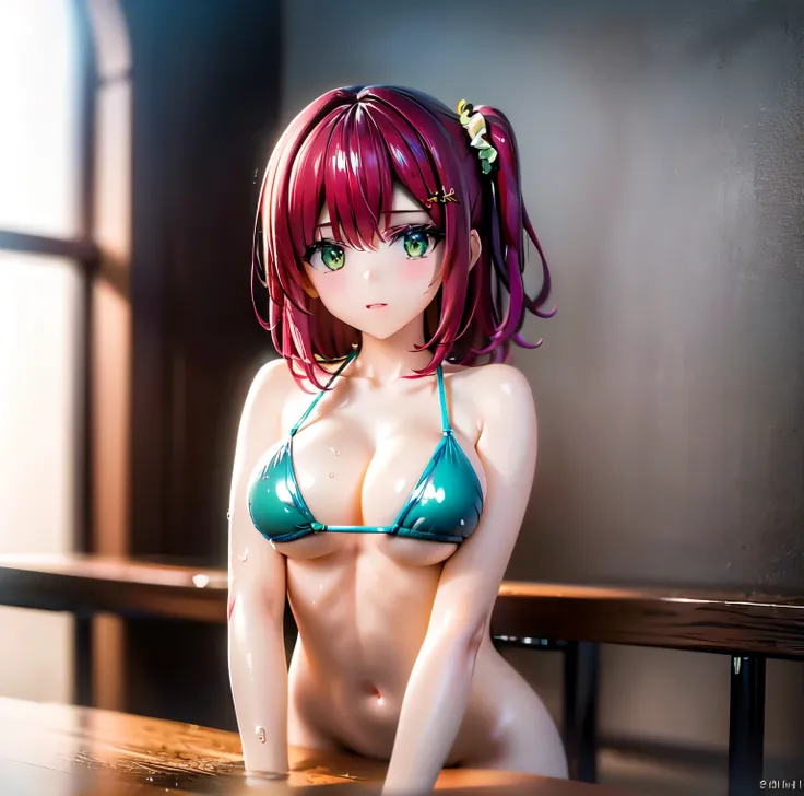 best quality, masterpiece, extremely detailed CG, official art , professional lighting, sakimiyairuka, red hair, green eyes,(one side up), medium hair, side ponytail, green scrunchie, hair ornament, shiny skin, micro bikini, cameltoe, groin, wet,