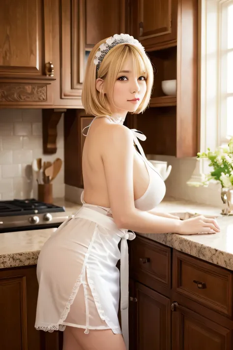 masterpiece, highest quality, Very detailed, sexy, Cooking in the kitchen, woman, (Huge breasts) 、faint smile、naked white apron,side shot,short hair,blonde hair,maid headdress,fullbody shot,